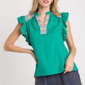 Umgee Women’s Emerald Green Ruffle Flutter Sleeves Top Color Trim Linen Size L